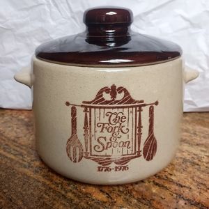 West Bend Colonial Stoneware Fork & Spoon Crock With Lid.